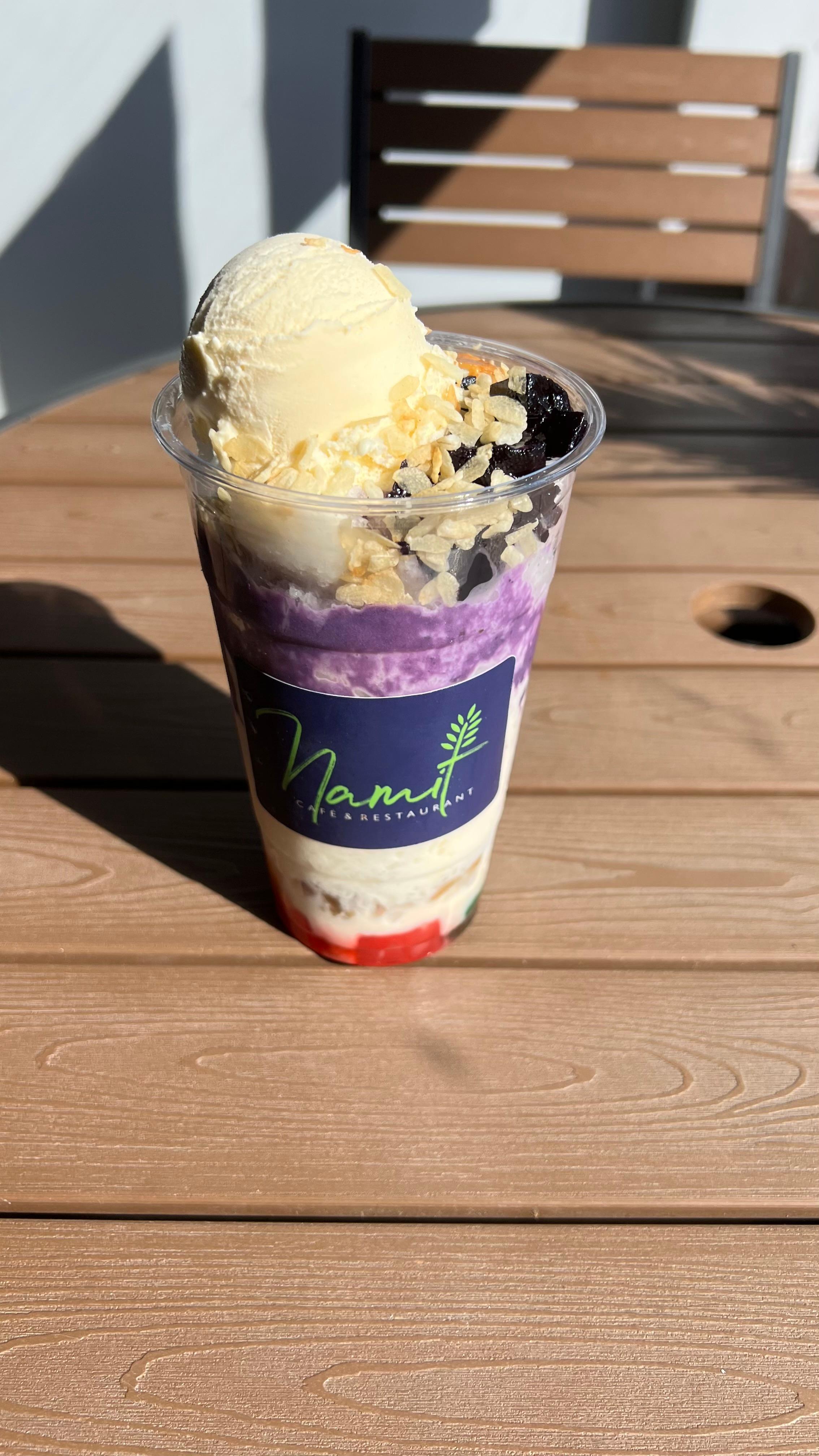 Halo-halo cup with ube swirls, leche flan, ice cream scoop